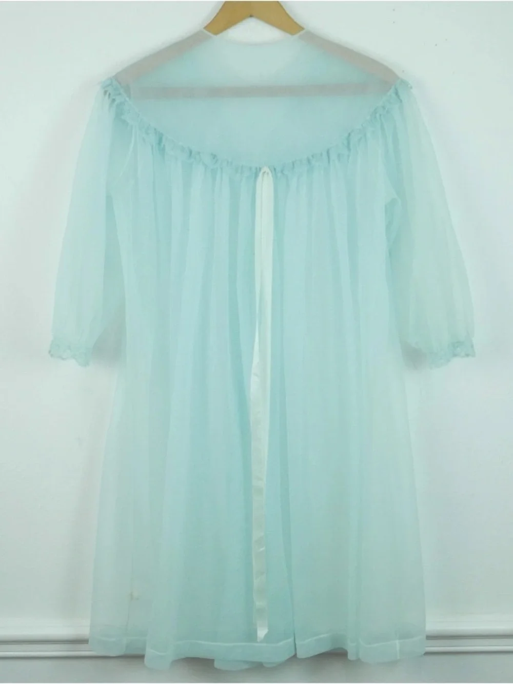 Vintage Sheer Nylon Peignoir Robe Bed Jacket Coquette Baby Blue Lace Babydoll M